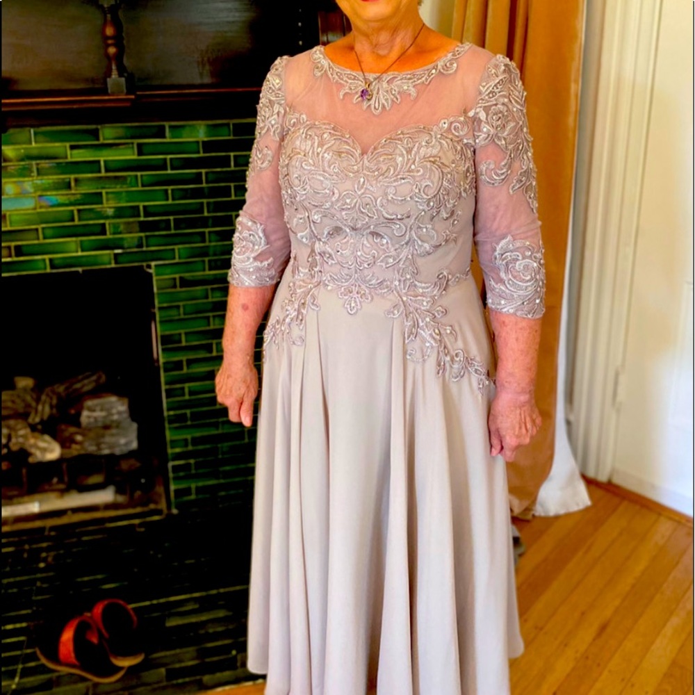 Taupe mother or grandmother of the bride dress